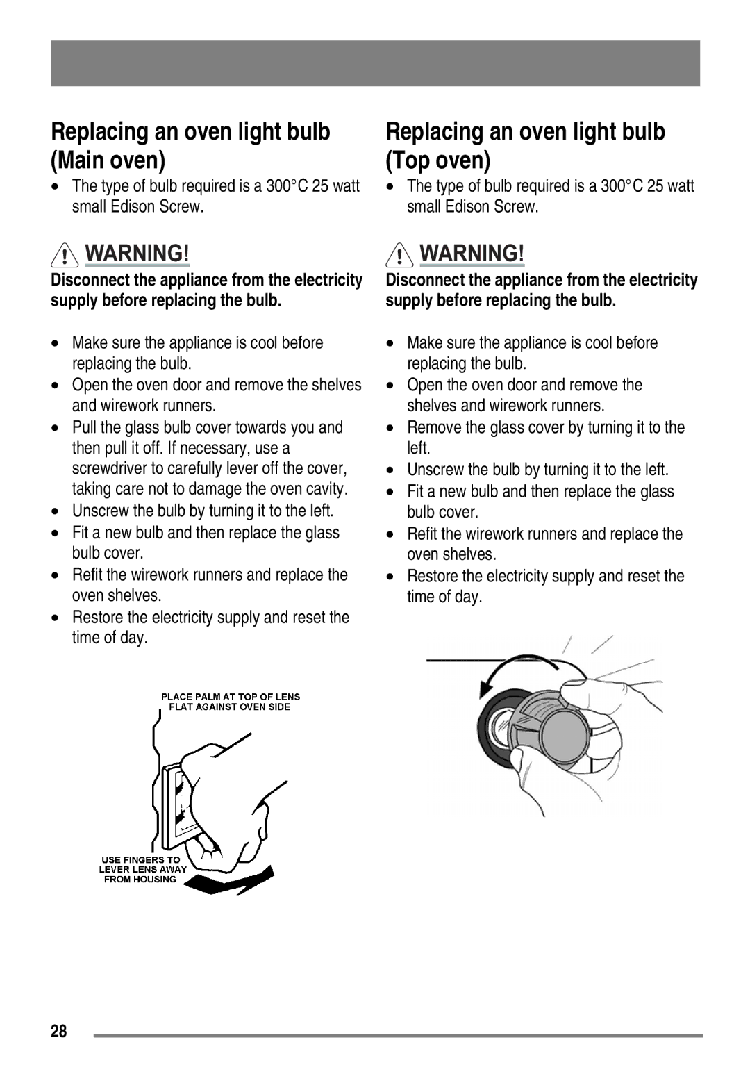 Moffat MDB900 user manual Replacing an oven light bulb Main oven, Replacing an oven light bulb Top oven 