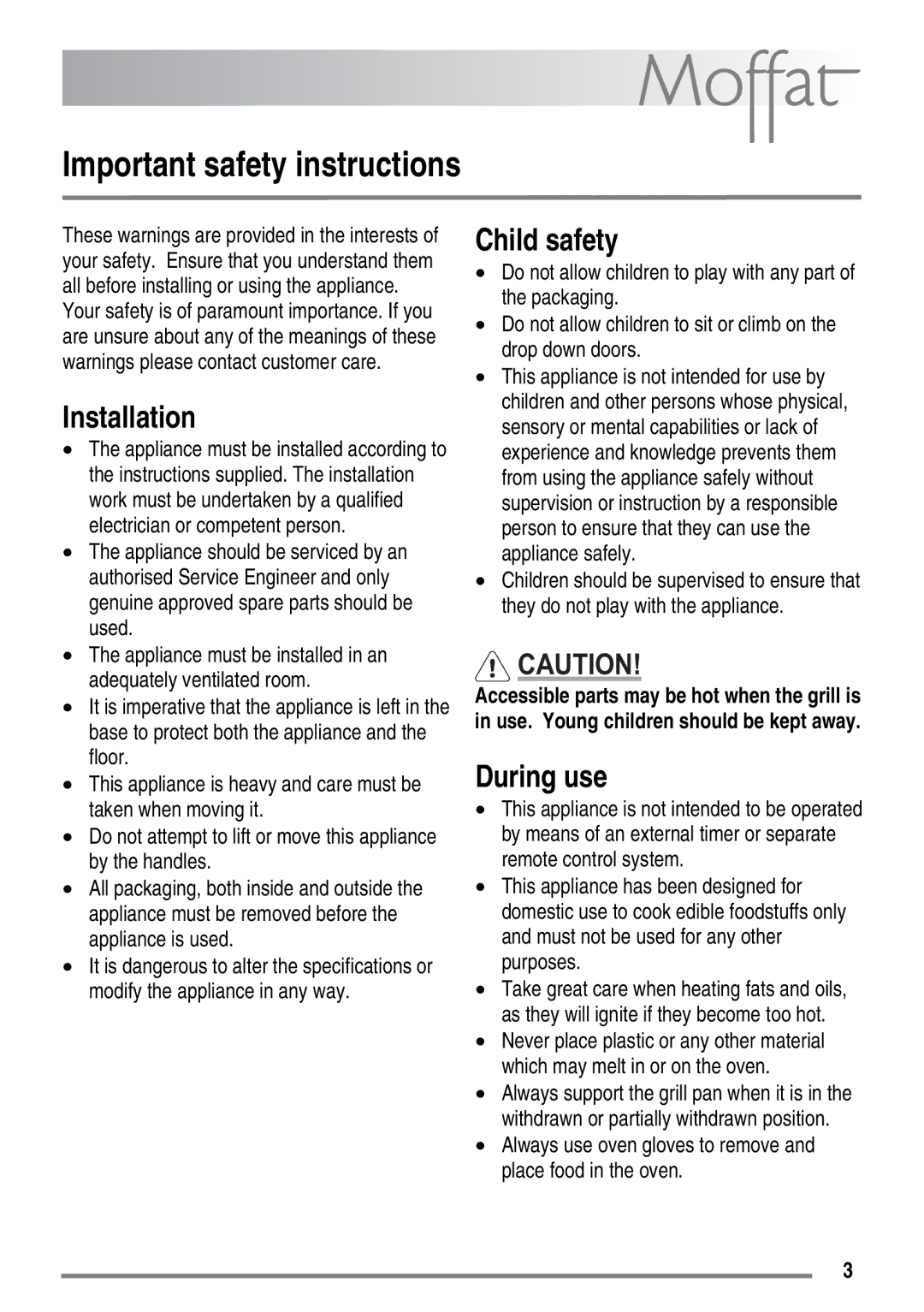 Moffat MDB900 user manual Important safety instructions, Installation, Child safety, During use 