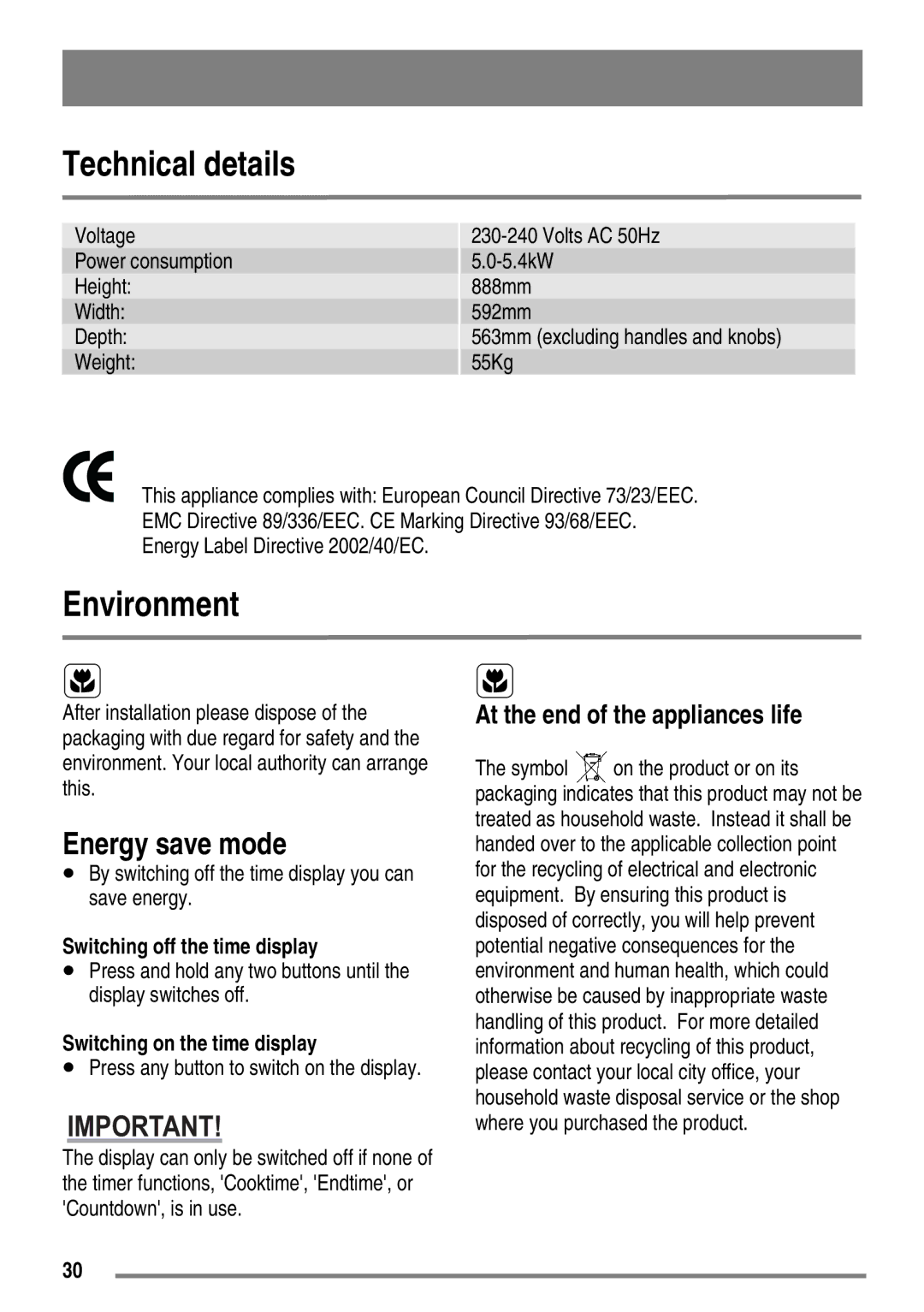 Moffat MDB900 user manual Technical details, Environment, Energy save mode, Switching off the time display 