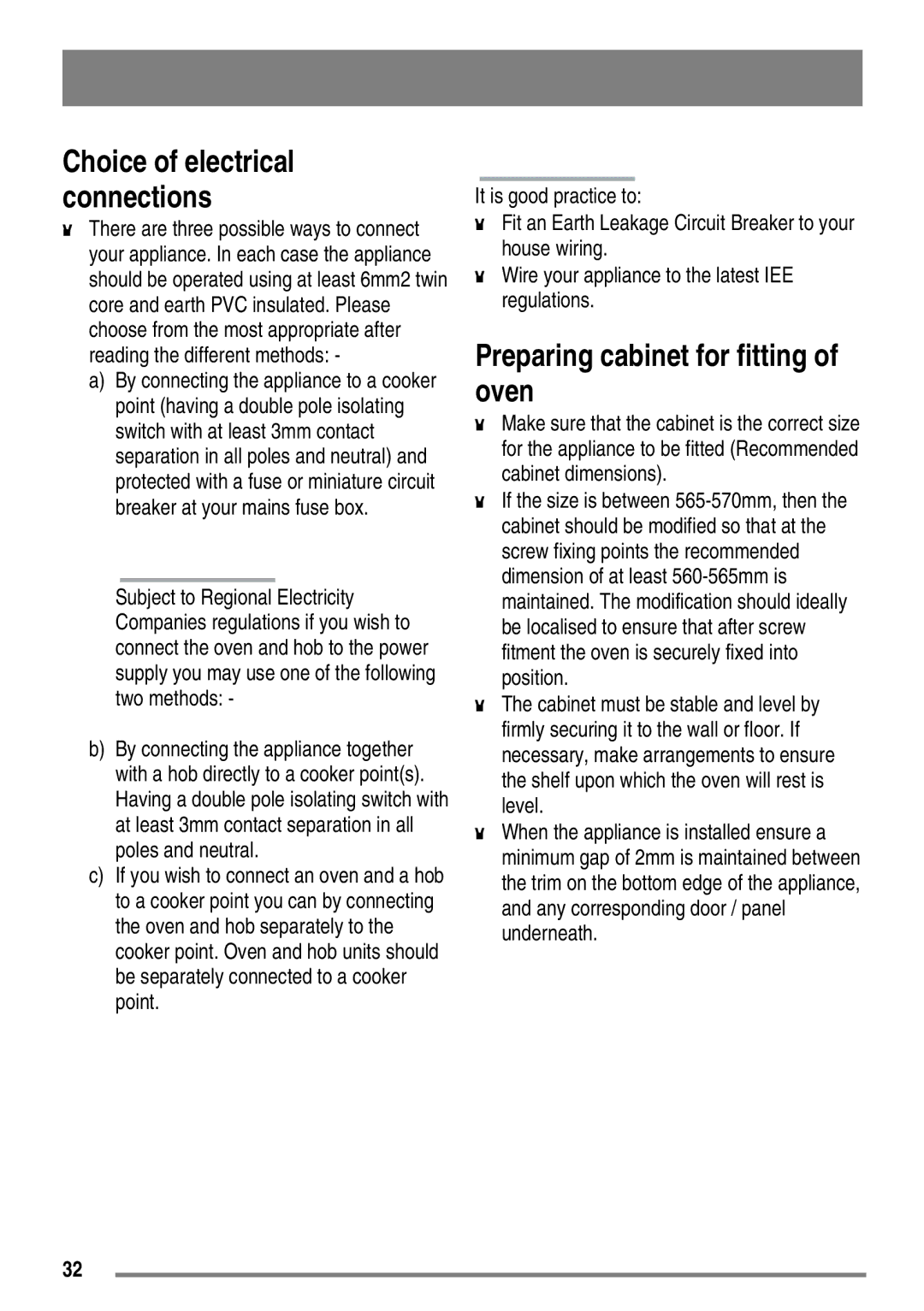 Moffat MDB900 user manual Preparing cabinet for fitting of oven, Choice of electrical connections 