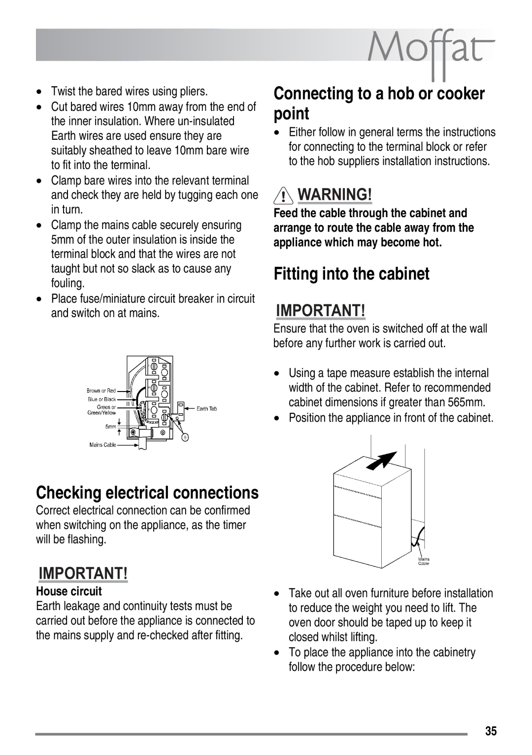 Moffat MDB900 user manual Connecting to a hob or cooker point, Fitting into the cabinet, Checking electrical connections 