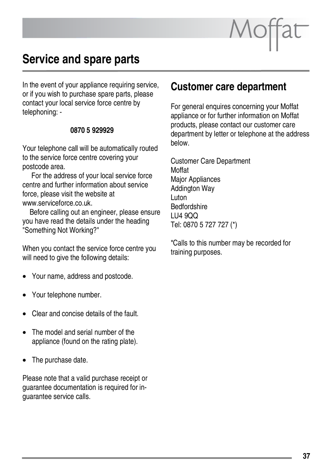 Moffat MDB900 user manual Service and spare parts, Customer care department, 0870 5, Purchase date 