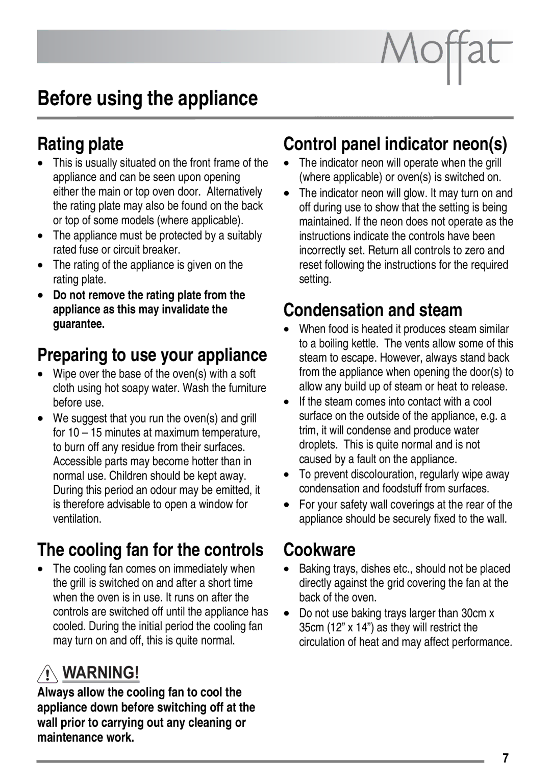 Moffat MDB900 Before using the appliance, Rating plate, Condensation and steam, Cookware, Cooling fan for the controls 