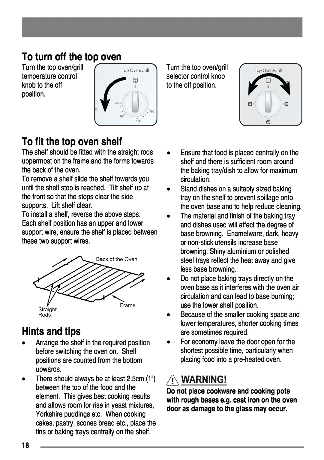 Moffat MDB900 user manual To turn off the top oven, To fit the top oven shelf, Hints and tips 