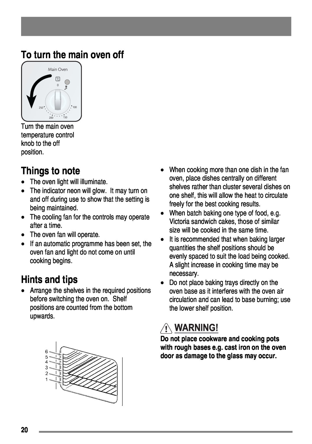 Moffat MDB900 user manual To turn the main oven off, Things to note, Hints and tips 
