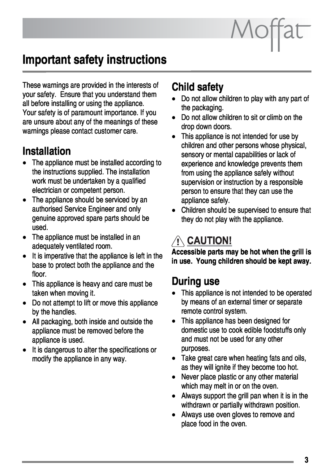 Moffat MDB900 user manual Important safety instructions, Installation, Child safety, During use 