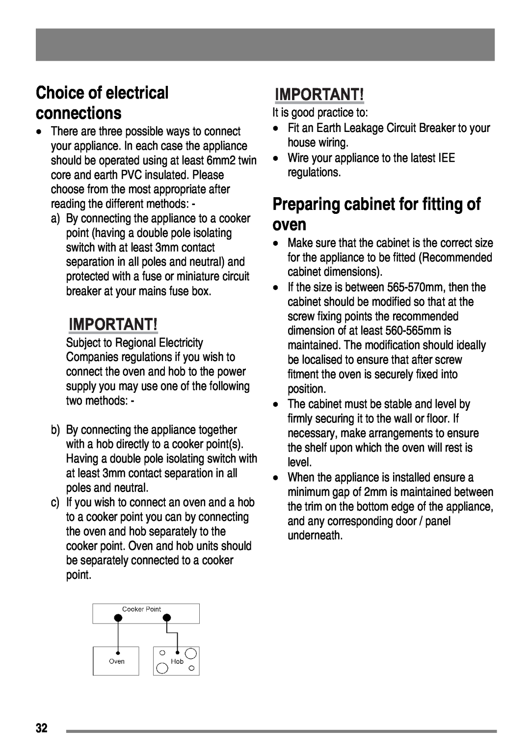 Moffat MDB900 user manual Preparing cabinet for fitting of oven, Choice of electrical connections 