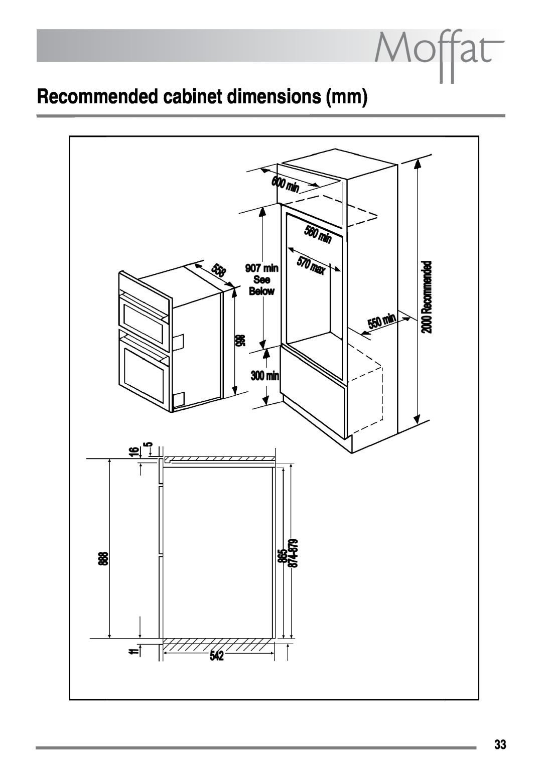 Moffat MDB900 user manual Recommended cabinet dimensions mm 