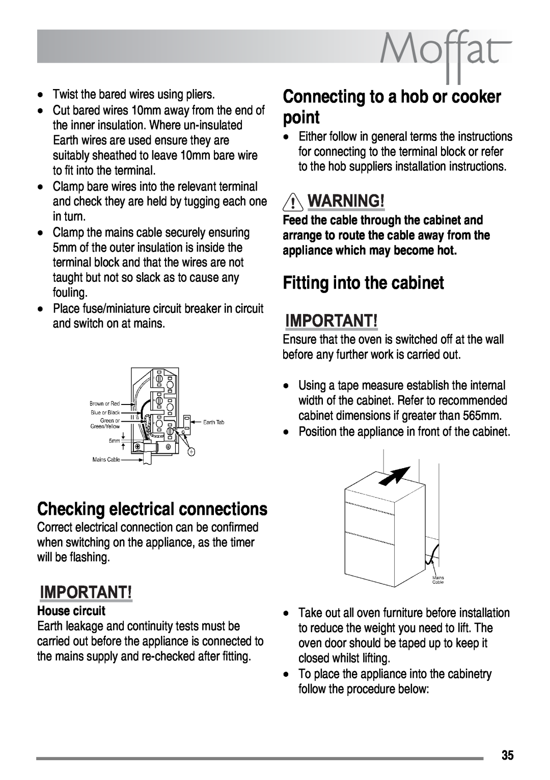Moffat MDB900 user manual Connecting to a hob or cooker point, Fitting into the cabinet, Checking electrical connections 