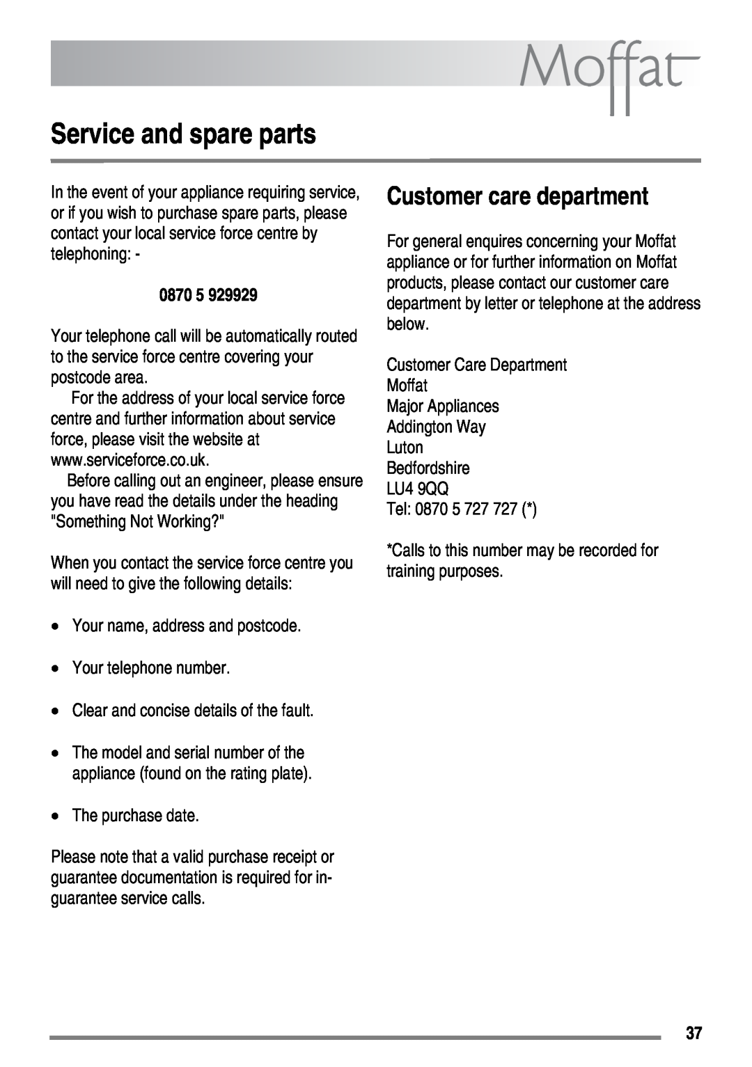 Moffat MDB900 user manual Service and spare parts, Customer care department, 0870 