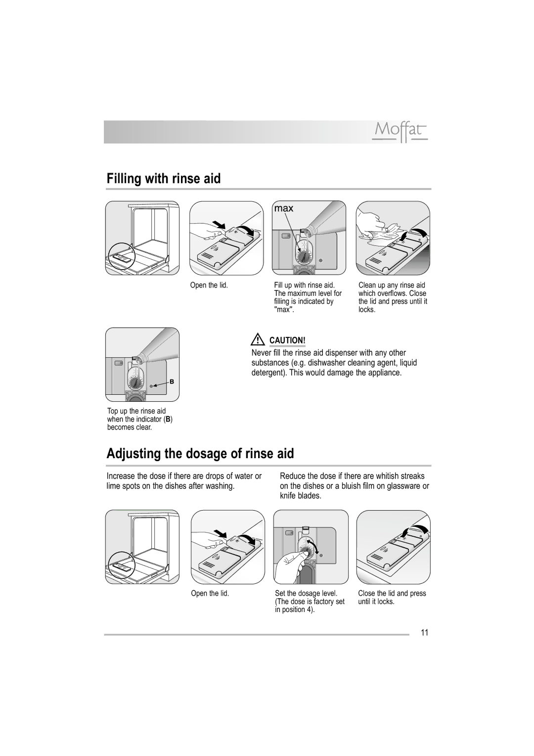 Moffat MDW 542 user manual Filling with rinse aid, Adjusting the dosage of rinse aid 