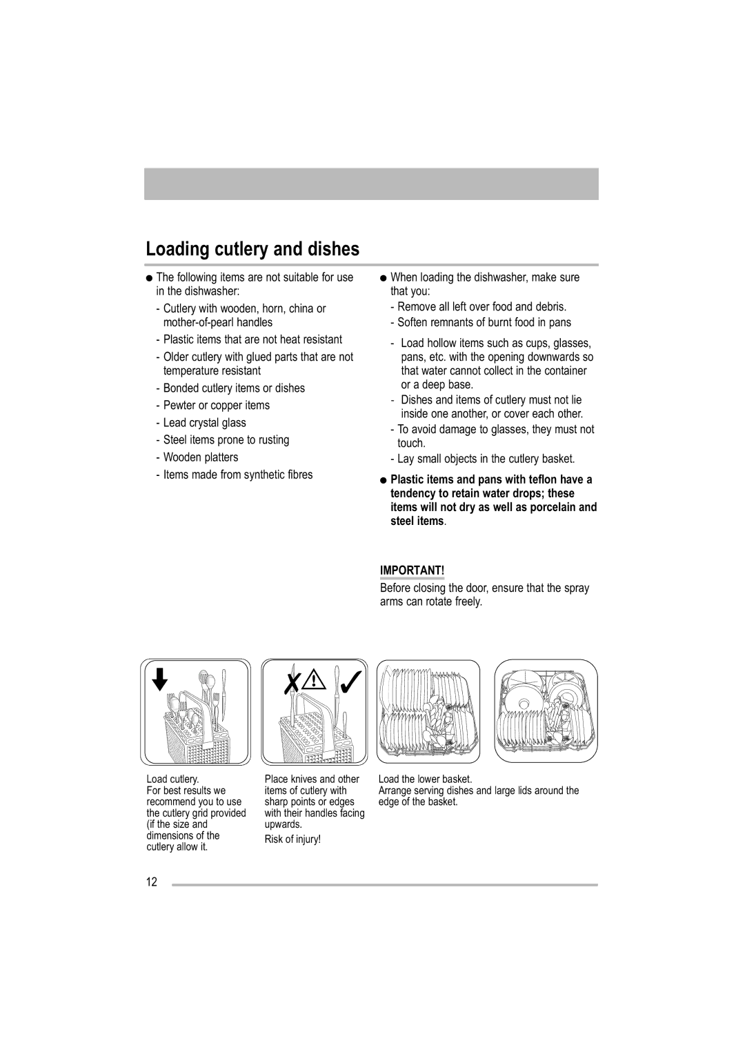 Moffat MDW 542 user manual Loading cutlery and dishes 