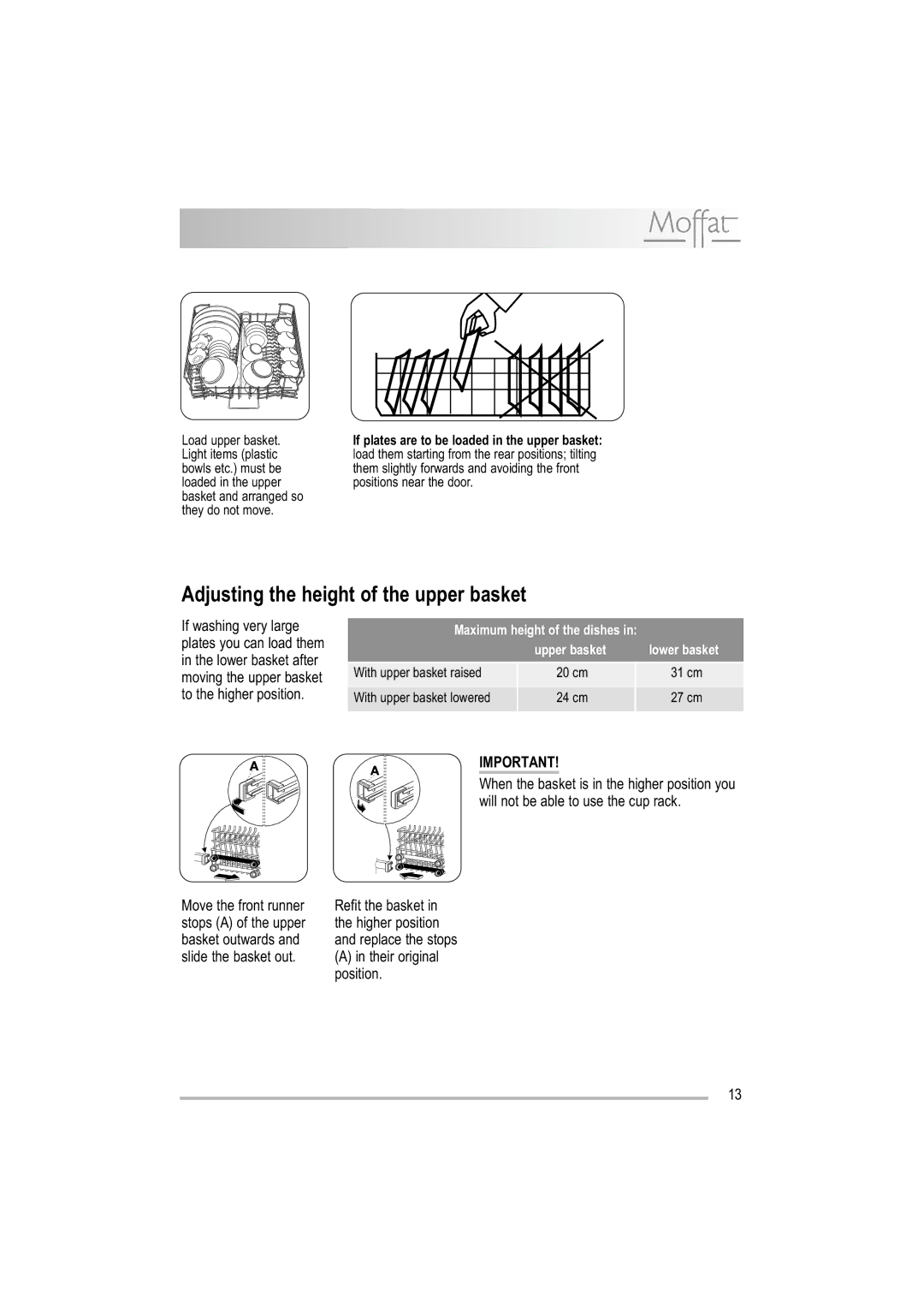 Moffat MDW 542 user manual Adjusting the height of the upper basket 