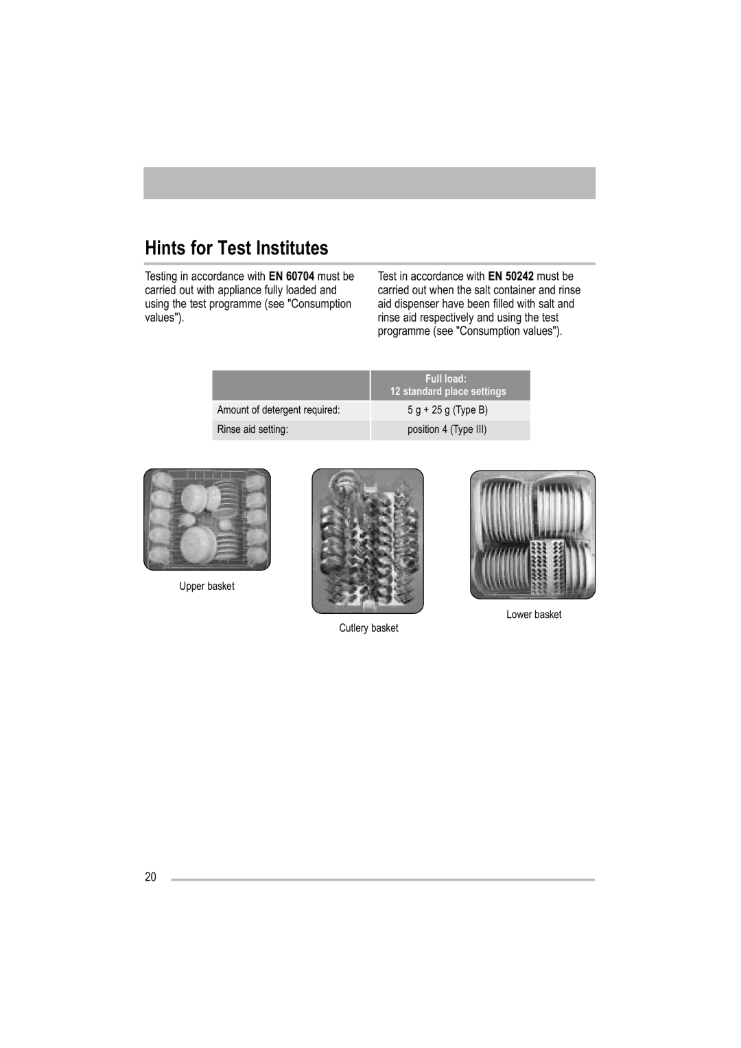 Moffat MDW 542 user manual Hints for Test Institutes, Standard place settings 