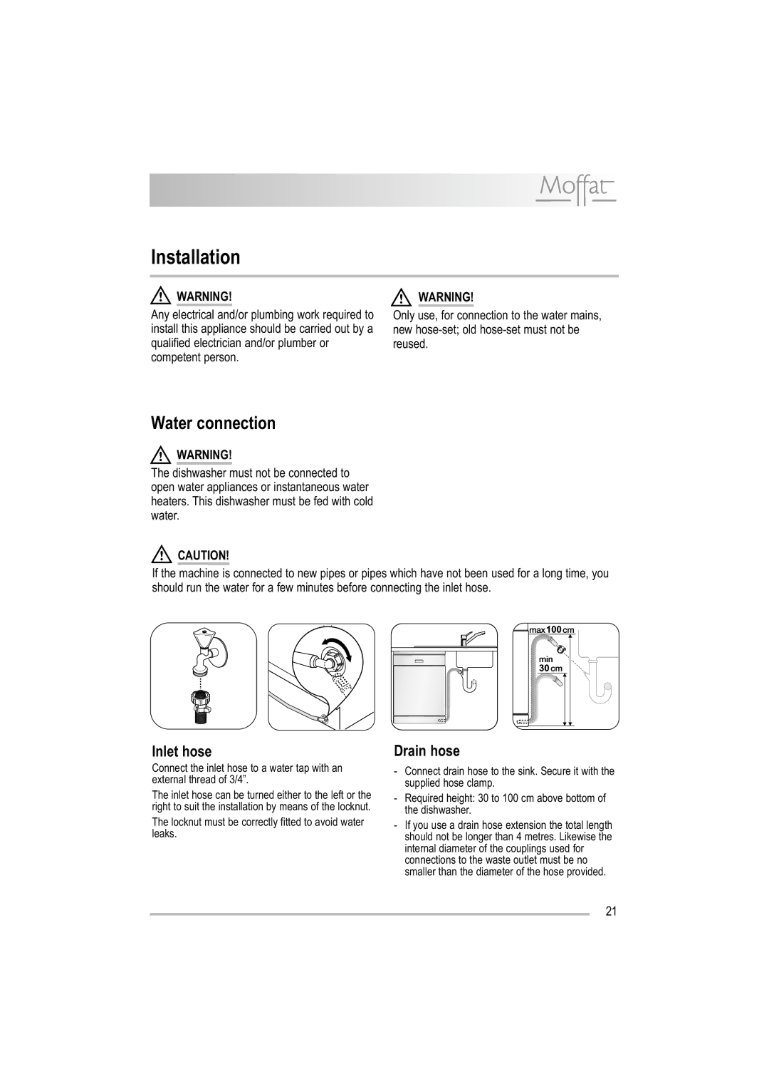 Moffat MDW 542 user manual Installation, Water connection, Inlet hose, Drain hose 