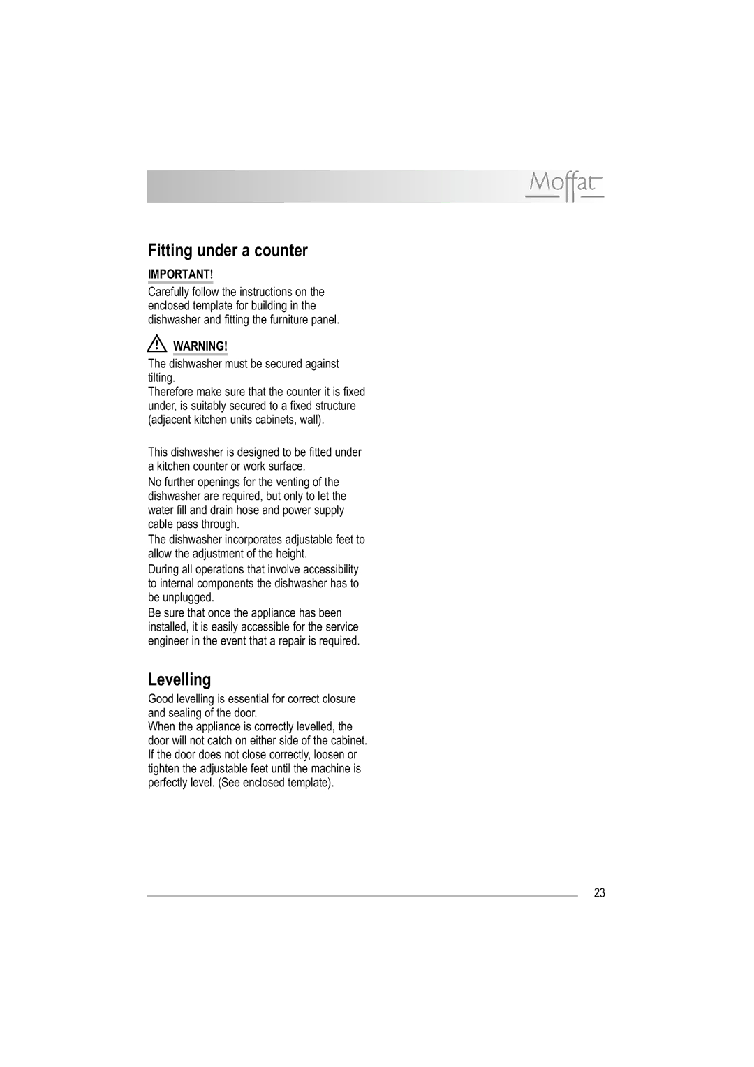 Moffat MDW 542 user manual Fitting under a counter, Levelling 