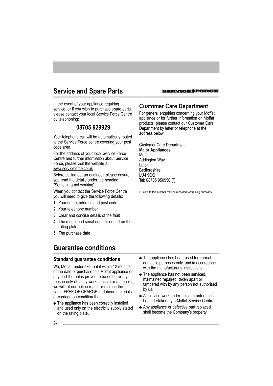 Moffat MDW 542 user manual Service and Spare Parts, Guarantee conditions, 08705, Customer Care Department, Major Appliances 