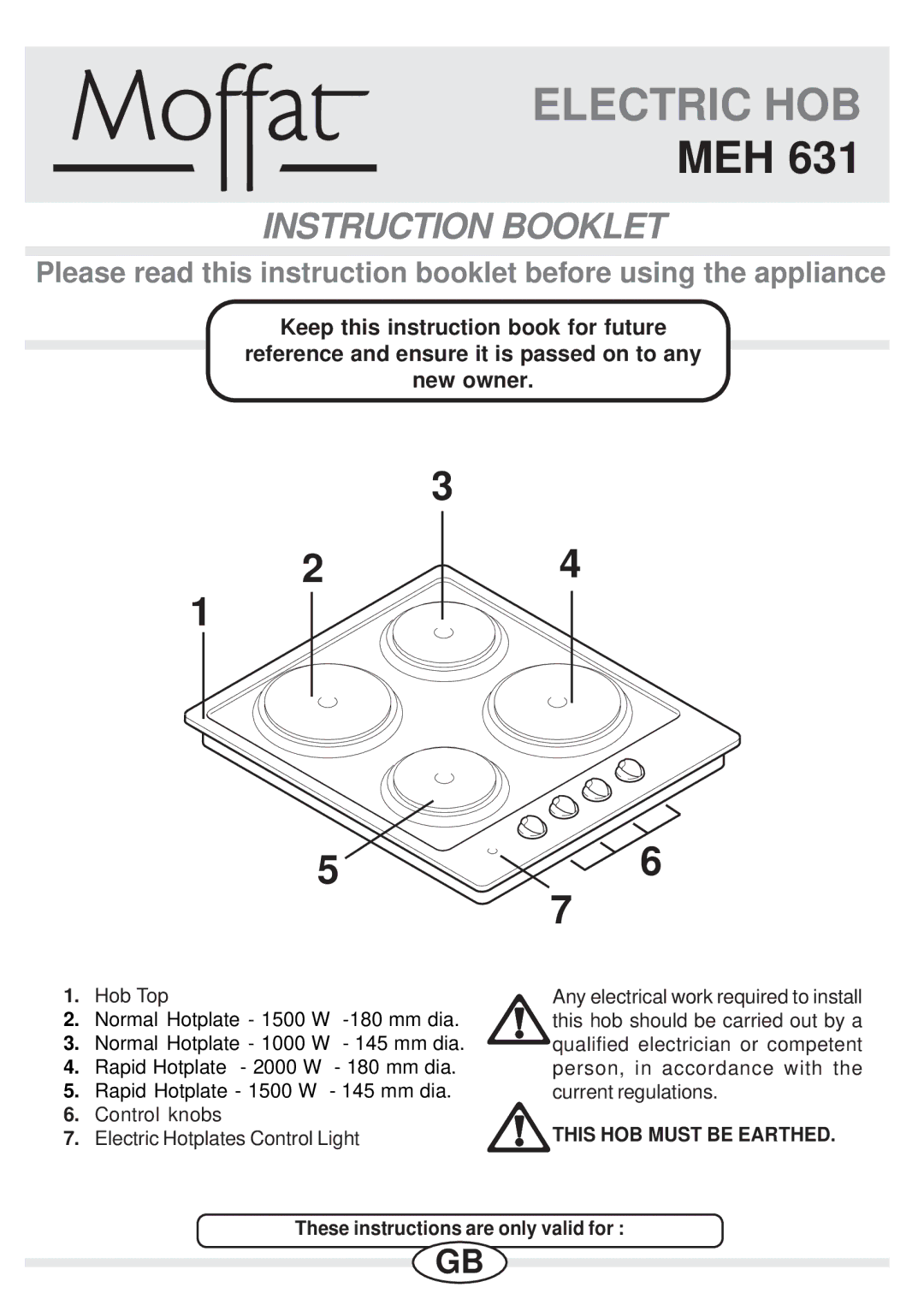 Moffat MEH 631 manual Electric HOB, This HOB Must be Earthed 