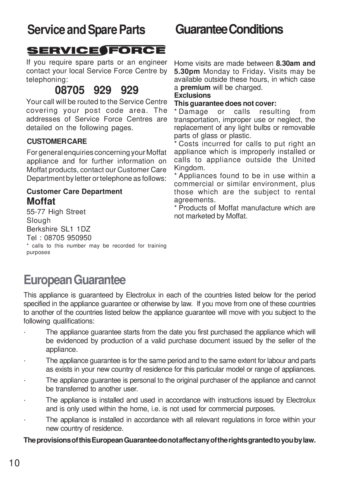 Moffat MEH 631 manual Service and Spare Parts, Customercare 