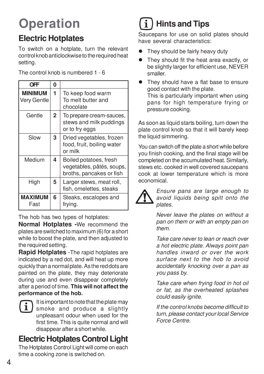 Moffat MEH 631 manual Operation, Electric Hotplates Control Light, Hints and Tips 