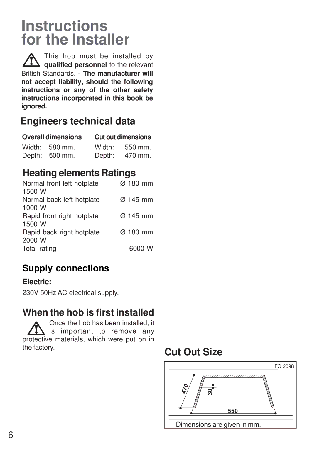 Moffat MEH 631 manual Engineers technical data, Heating elements Ratings, Cut Out Size 