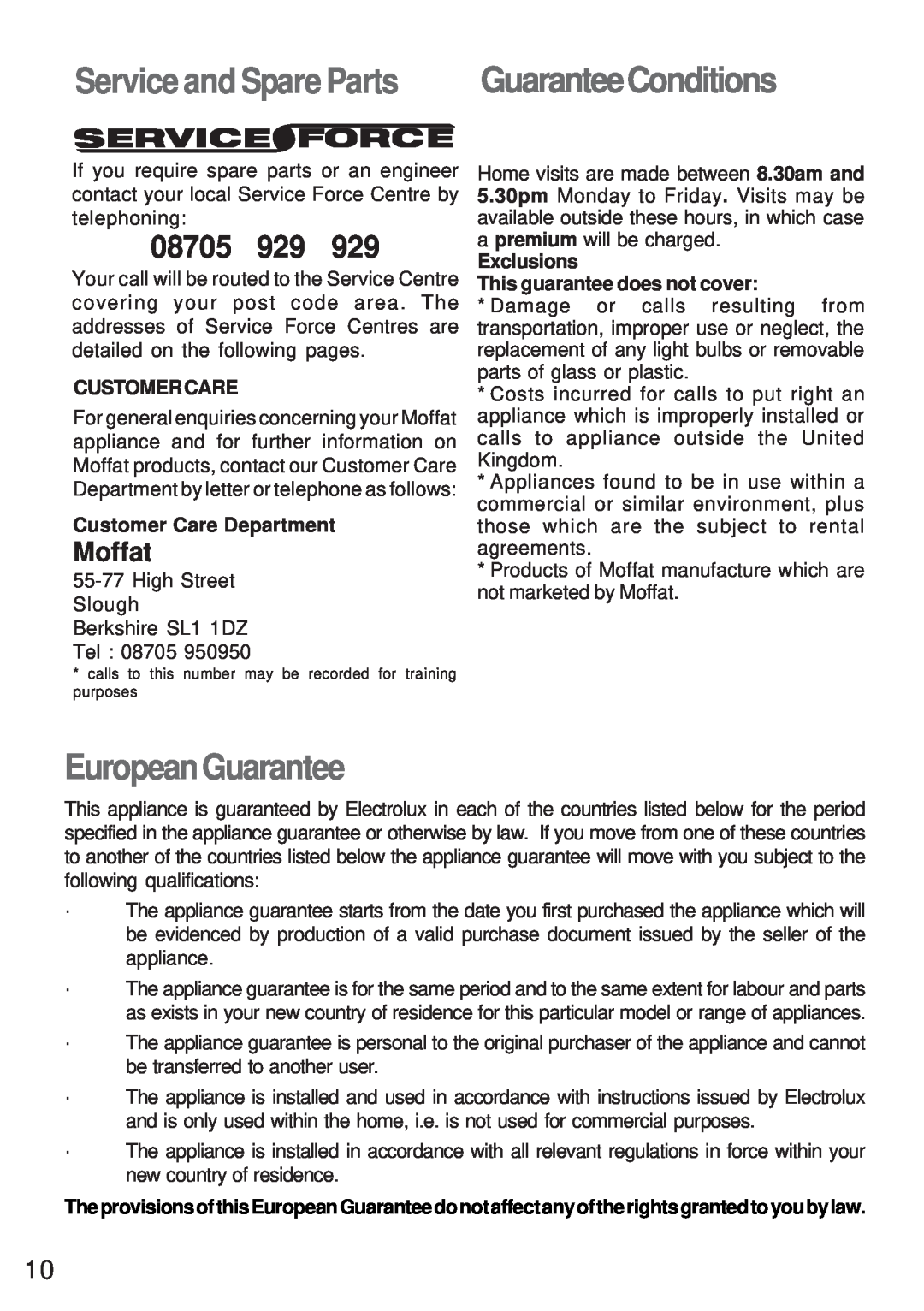 Moffat MEH 631 manual 08705, Moffat, Service and Spare Parts, EuropeanGuarantee, GuaranteeConditions, Customercare 