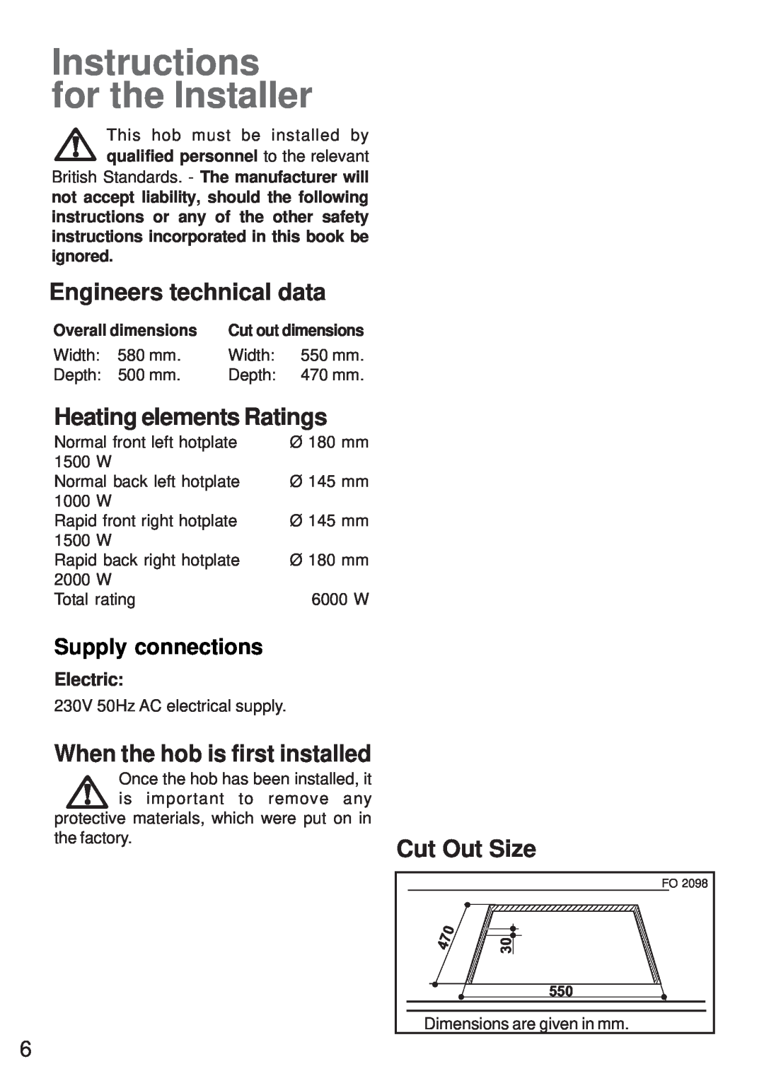 Moffat MEH 631 Instructions for the Installer, Engineers technical data, Heating elements Ratings, Cut Out Size, Electric 