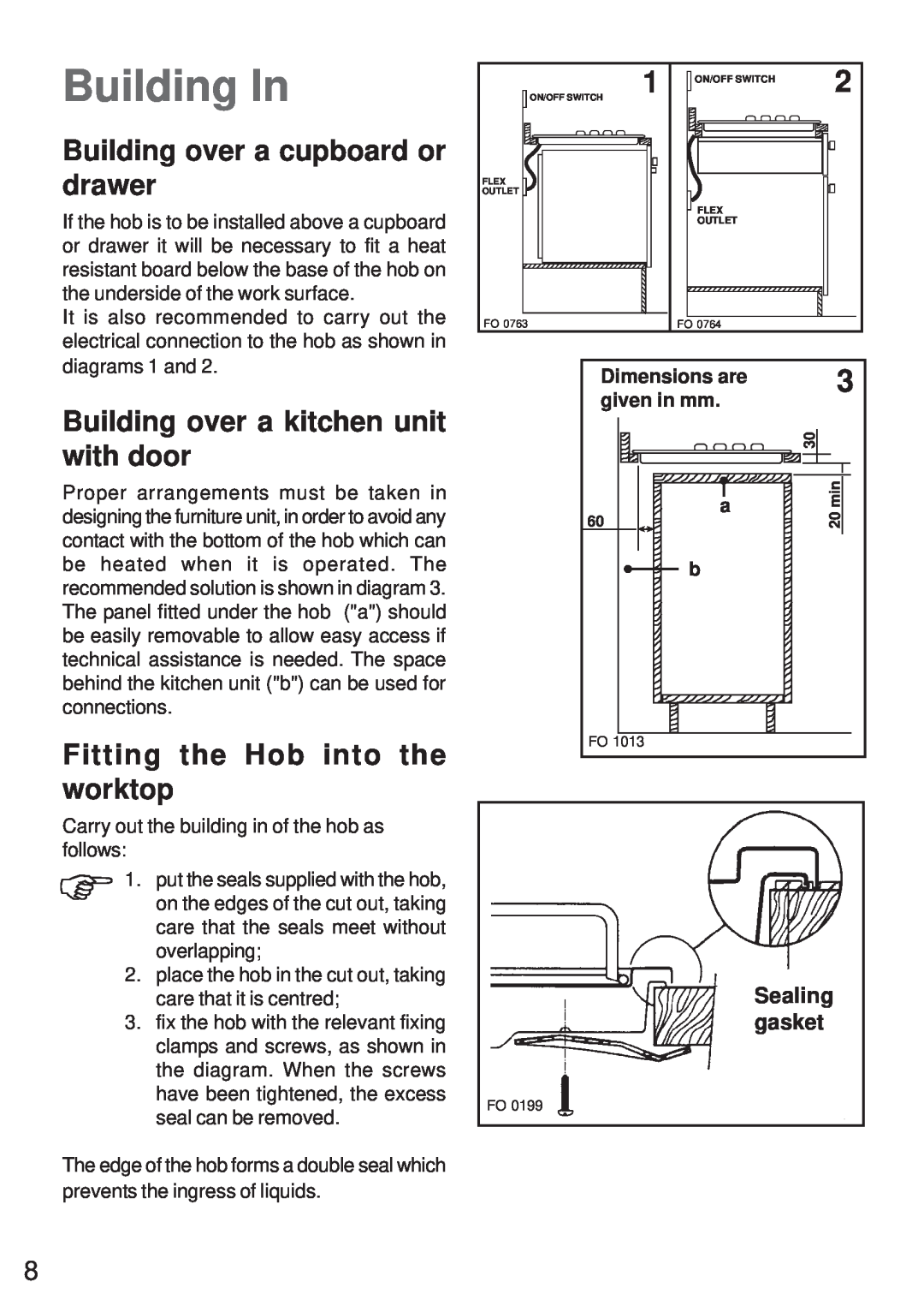 Moffat MEH 631 Building In, Building over a cupboard or drawer, Building over a kitchen unit with door, Sealing gasket 