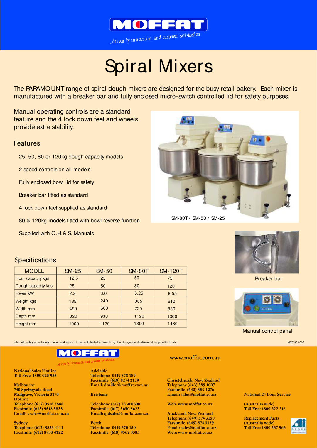 Moffat MF/0540/03.05 manual Spiral Mixers, sfact, sati, and custo, nova, by in, iven, Features, Specifications 