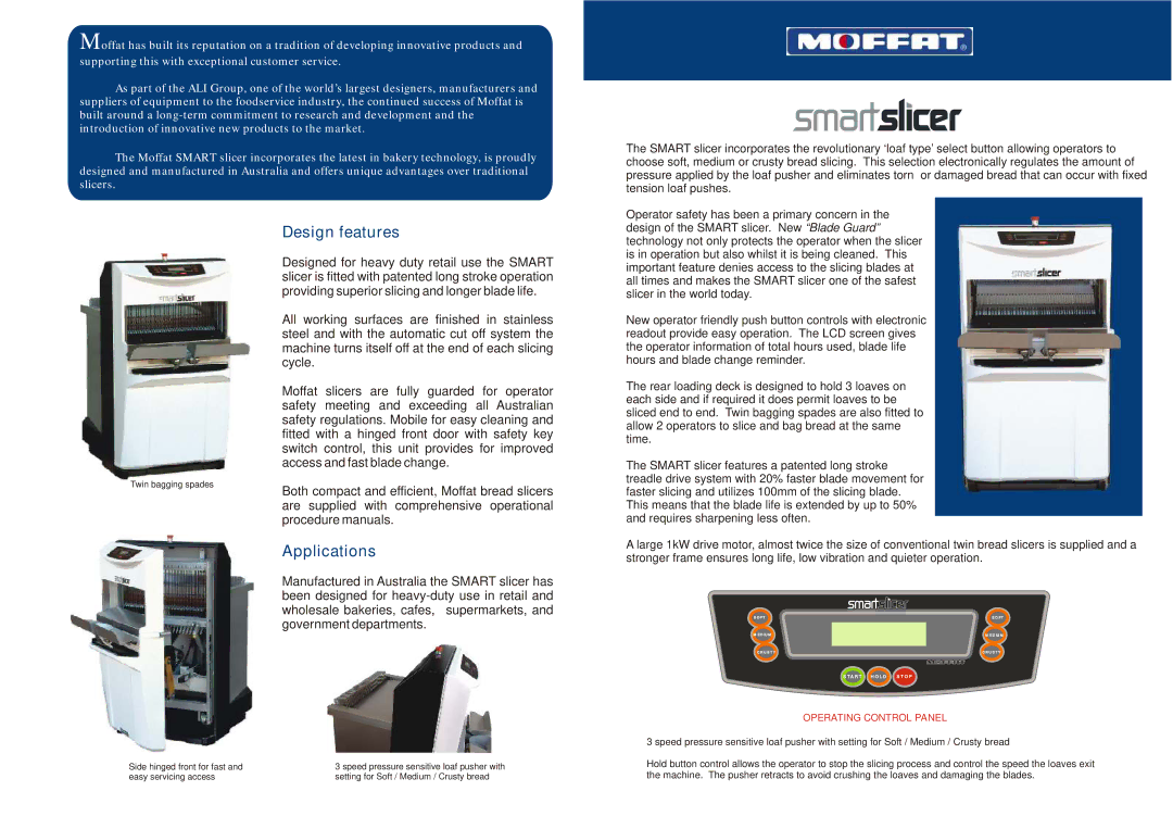 Moffat MF/0861/1006 specifications Design features, Applications, Operating Control Panel 