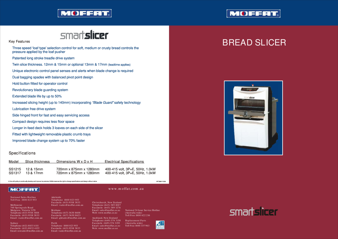 Moffat MF/0861/1006 specifications Bread Slicer, Specifications, Key Features, Model, Slice thickness 