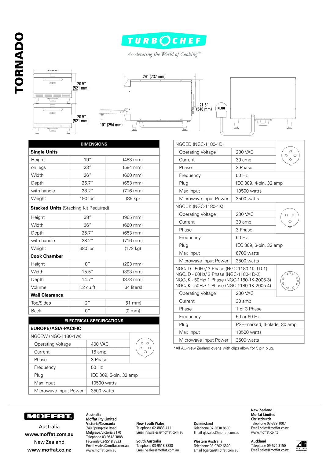 Moffat Microwave Oven warranty Single Units, Cook Chamber, Wall Clearance 