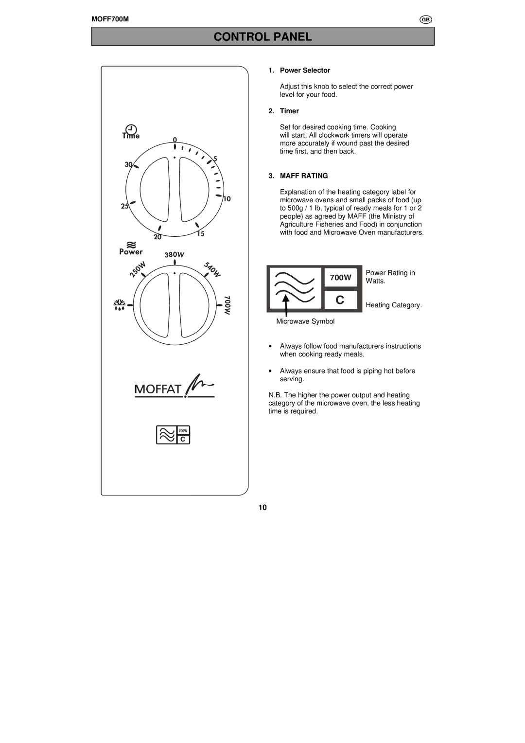 Moffat MOFF700W, MOFF700M user manual Power Selector, Timer 