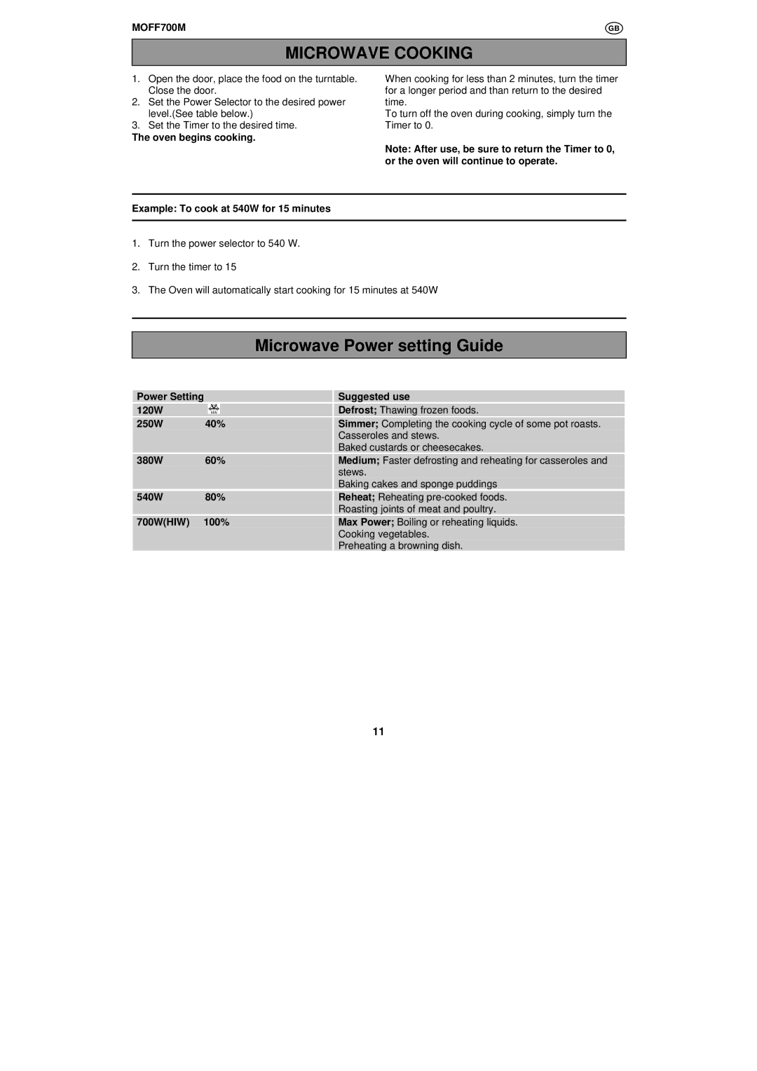 Moffat MOFF700M, MOFF700W Microwave Power setting Guide, Oven begins cooking, Example To cook at 540W for 15 minutes 