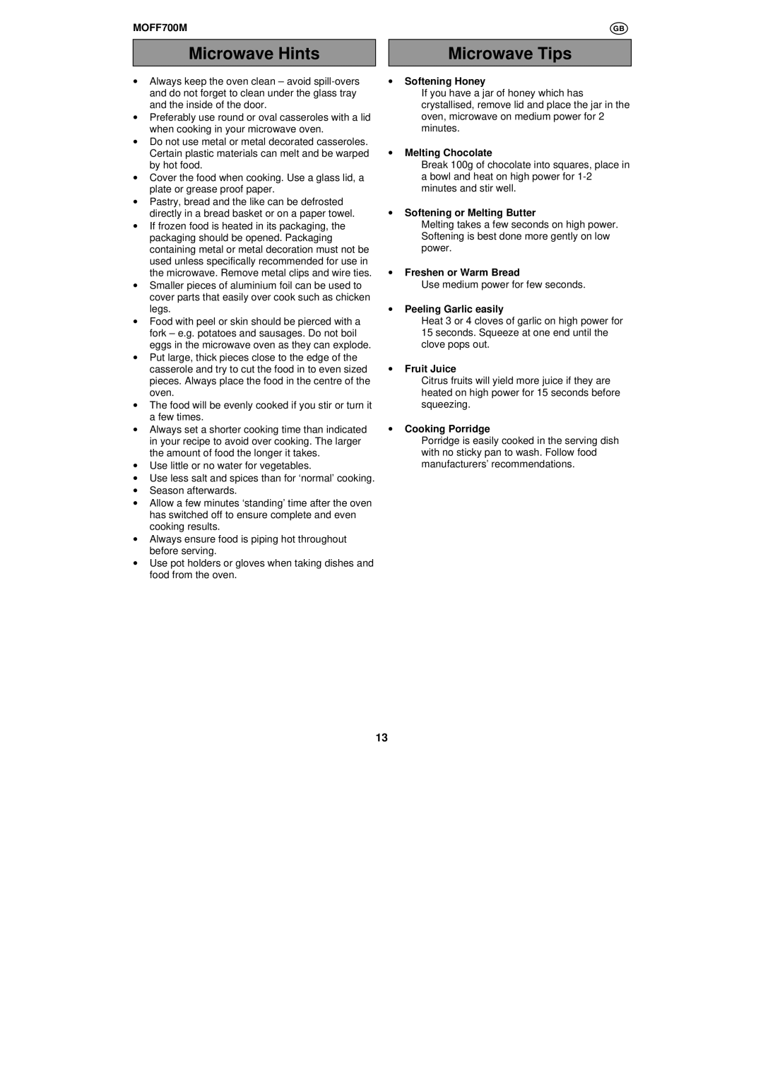 Moffat MOFF700M, MOFF700W user manual Microwave Hints Microwave Tips 