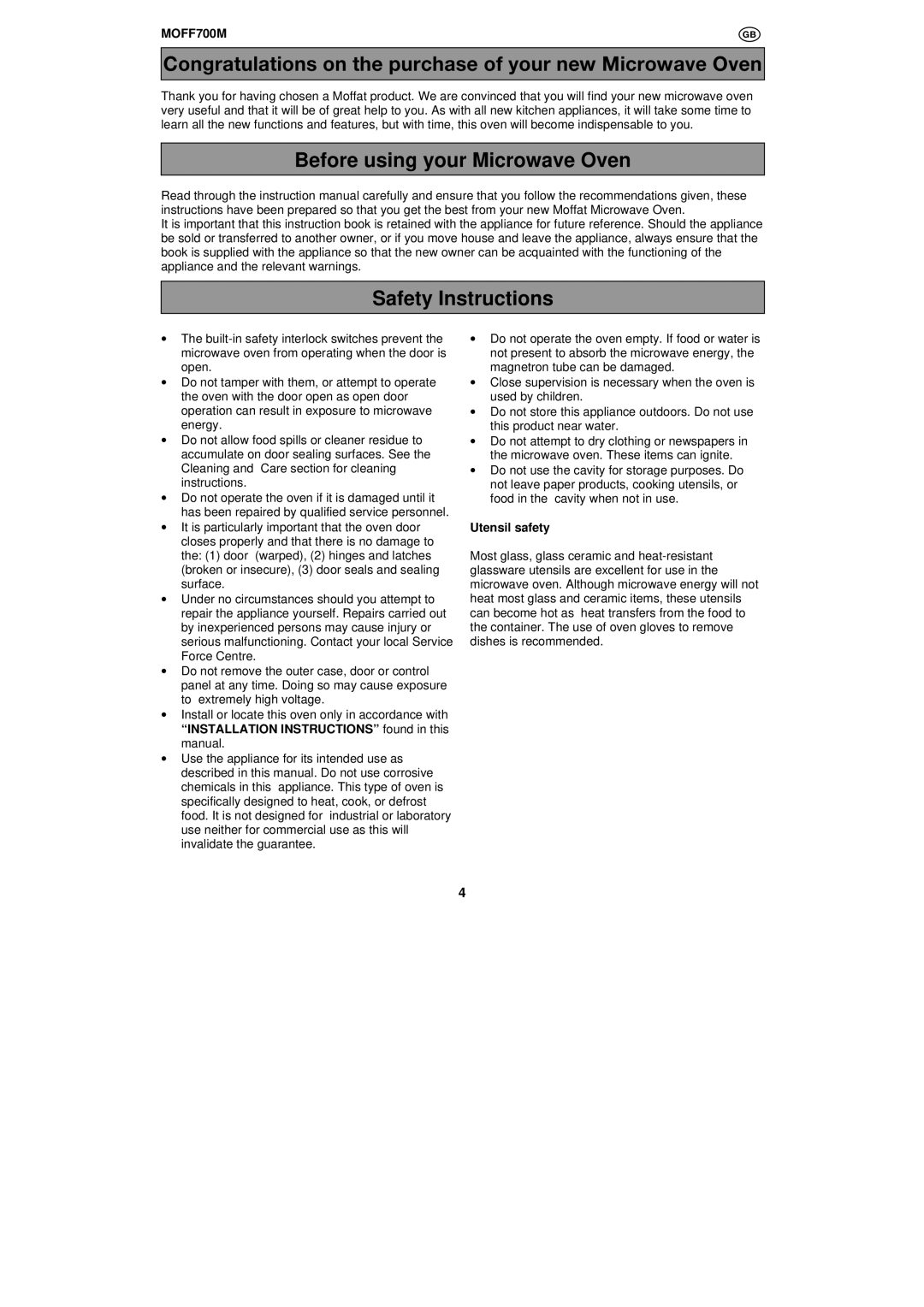 Moffat MOFF700W, MOFF700M user manual Before using your Microwave Oven, Safety Instructions, Utensil safety 