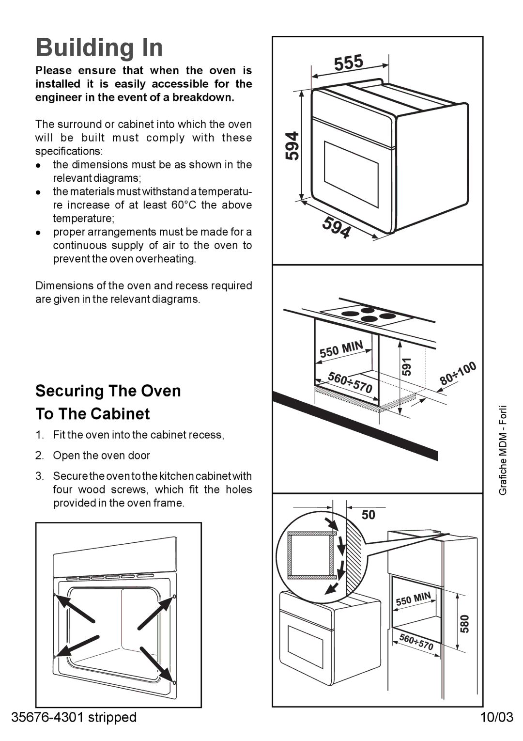 Moffat MSF 610 manual Building, Securing The Oven To The Cabinet 