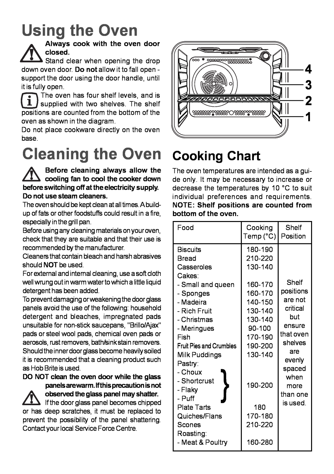 Moffat MSF 610 manual Using the Oven, Cleaning the Oven, Cooking Chart, Always cook with the oven door closed 