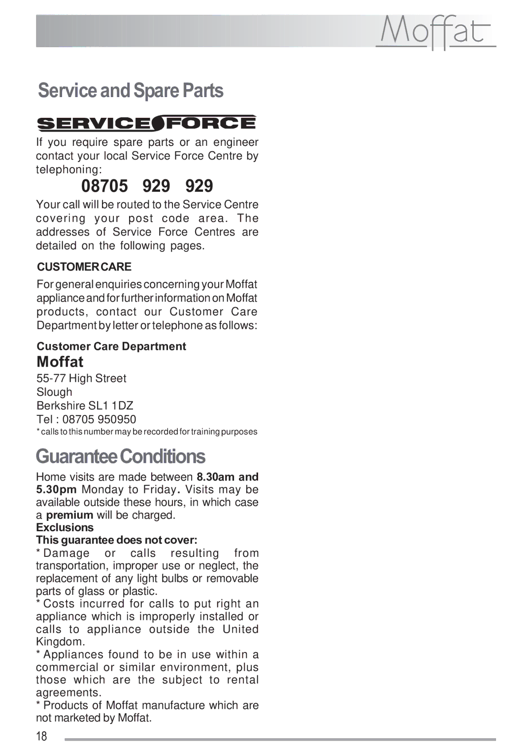 Moffat MSF 611 manual Service and Spare Parts, GuaranteeConditions, Customer Care Department 