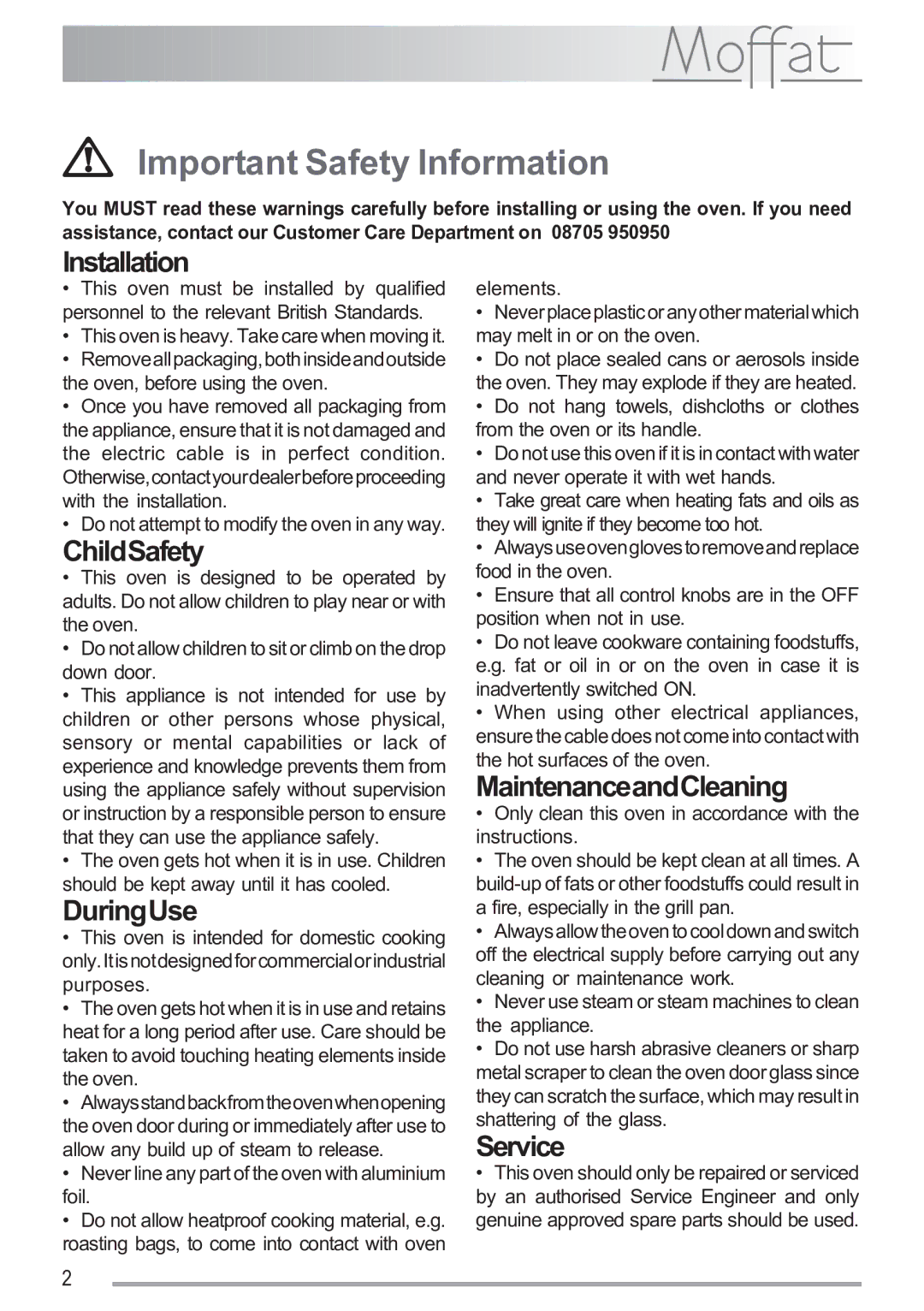 Moffat MSF 611 manual Important Safety Information 