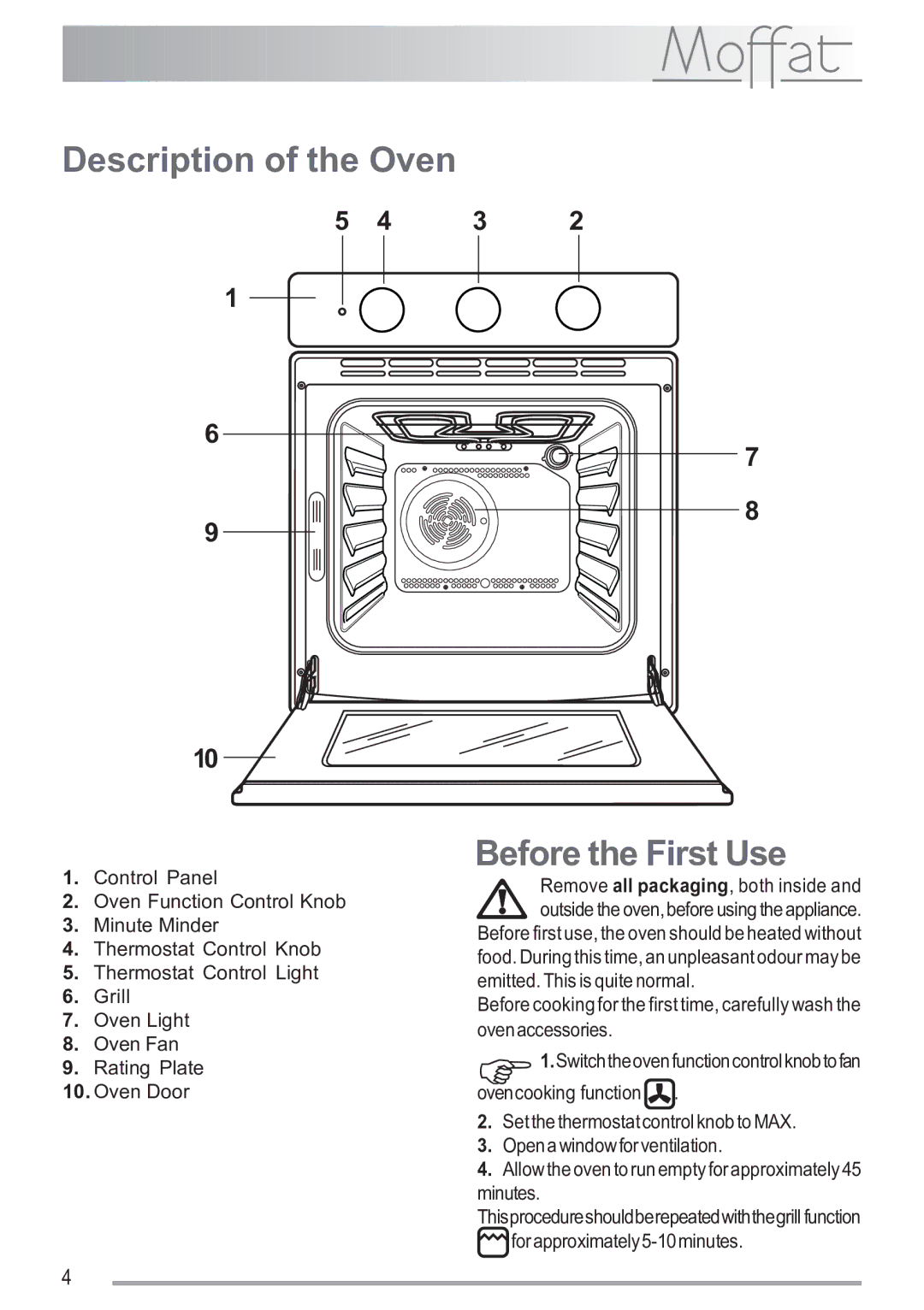 Moffat MSF 611 Description of the Oven, Before the First Use, SetthethermostatcontrolknobtoMAX Openawindowforventilation 