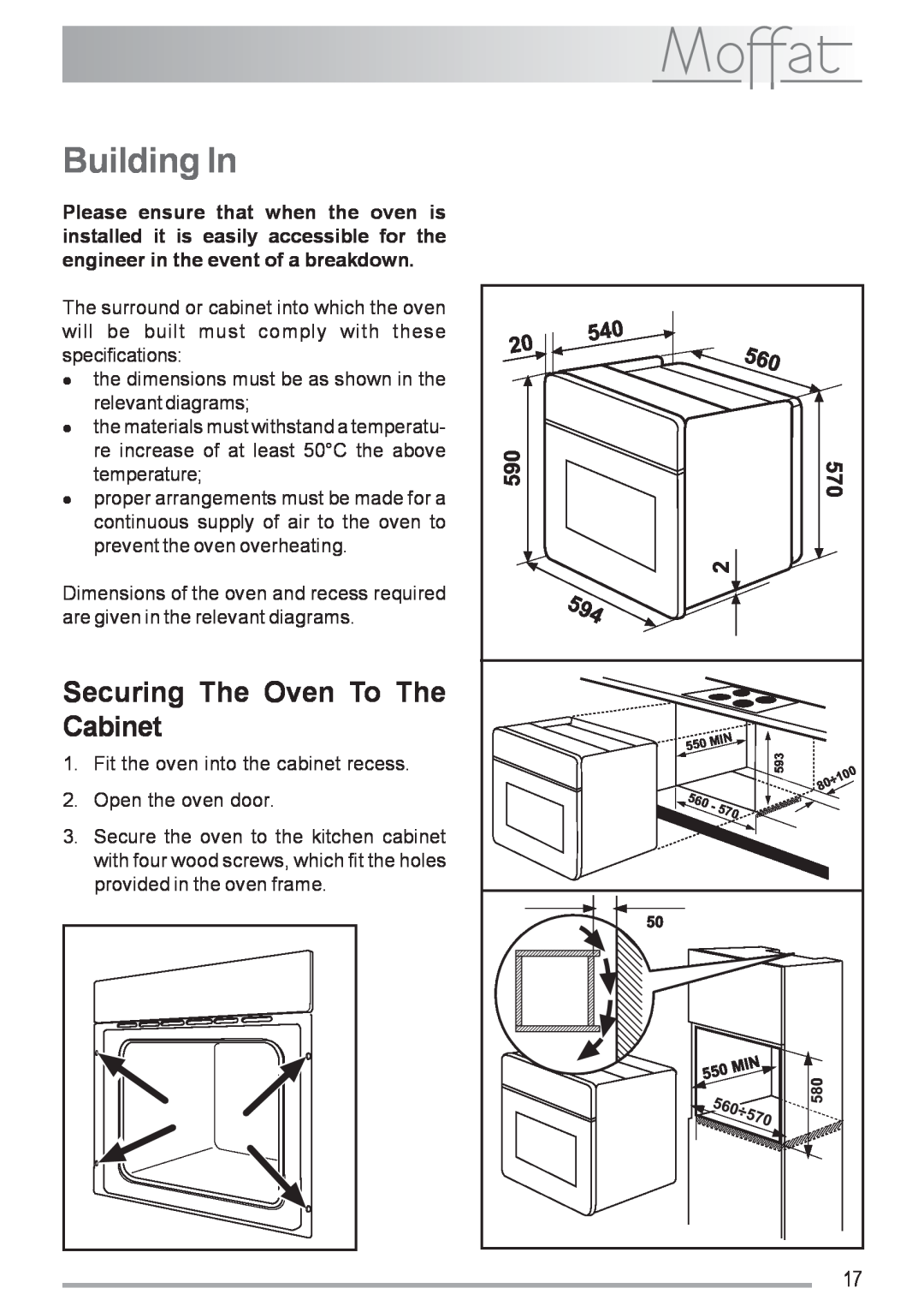 Moffat MSF 611 manual Building In, Securing The Oven To The Cabinet 