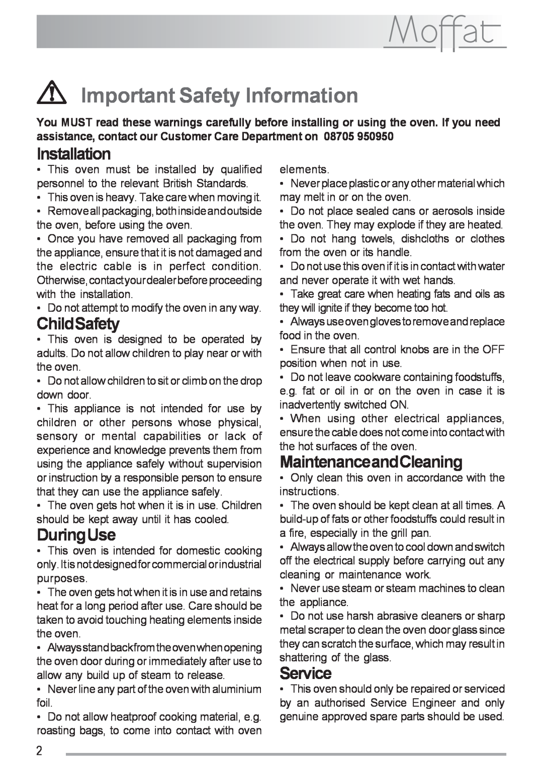Moffat MSF 611 manual Important Safety Information, Installation, ChildSafety, DuringUse, MaintenanceandCleaning, Service 