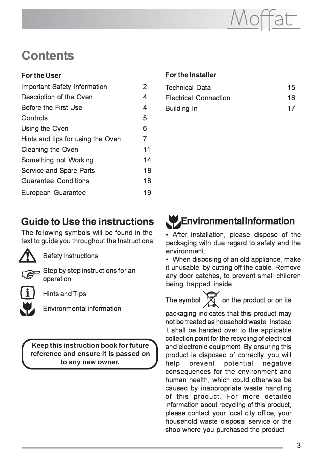 Moffat MSF 611 manual Contents, Guide to Use the instructions, EnvironmentalInformation, For the User, For the Installer 