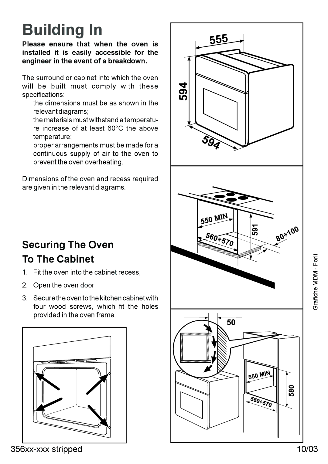 Moffat MSF 615 manual Building, Securing The Oven To The Cabinet 