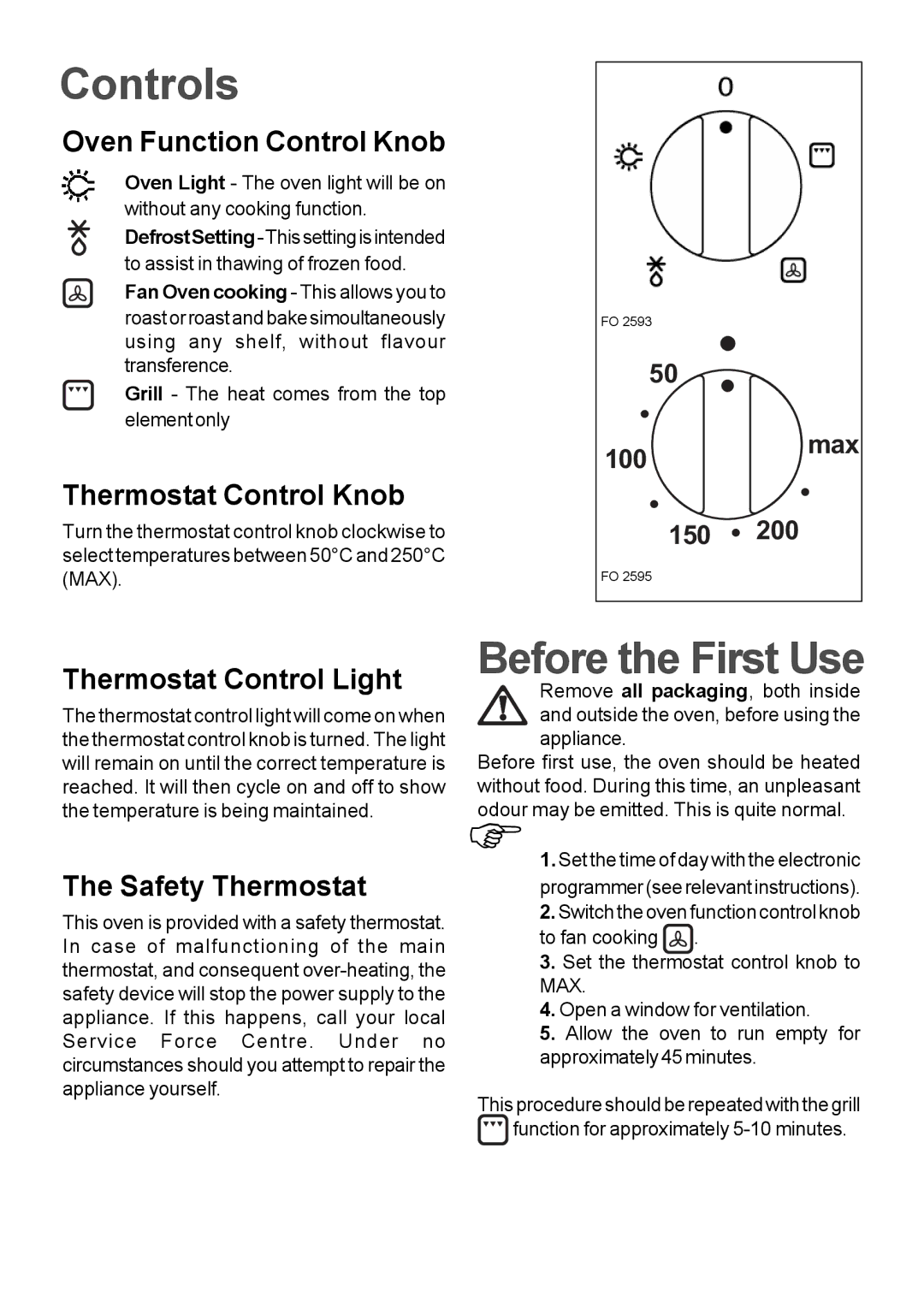 Moffat MSF 615 manual Before the First Use, Oven Function Control Knob, Thermostat Control Knob, Thermostat Control Light 