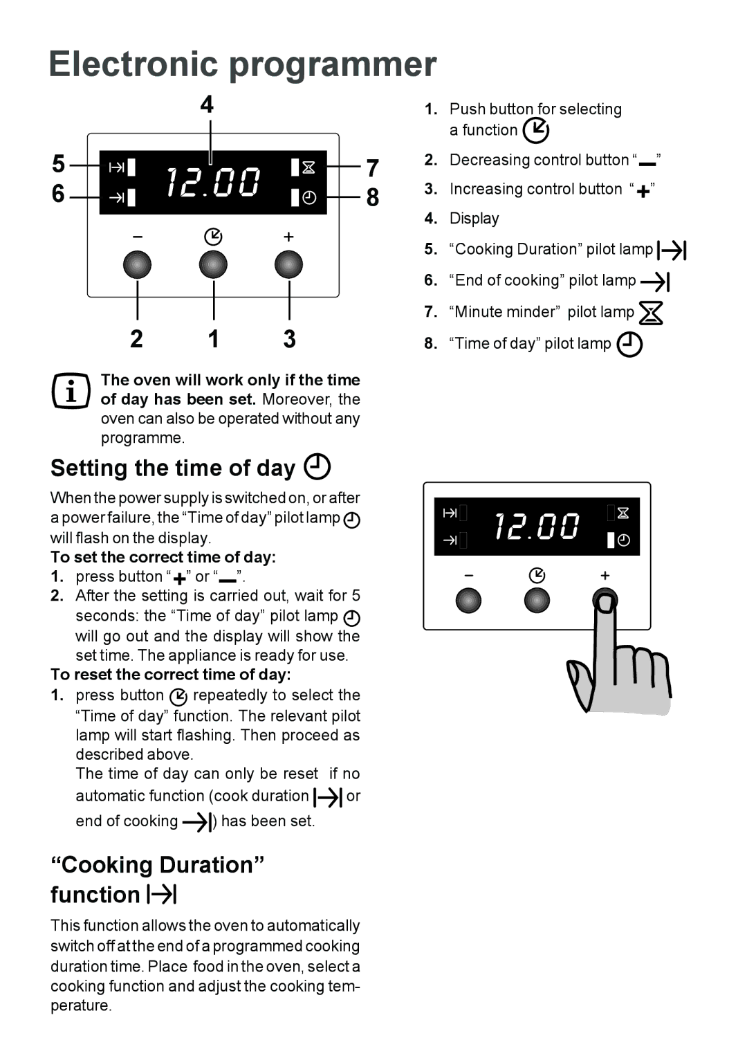 Moffat MSF 615 Electronic programmer, Setting the time of day, Cooking Duration function, To set the correct time of day 