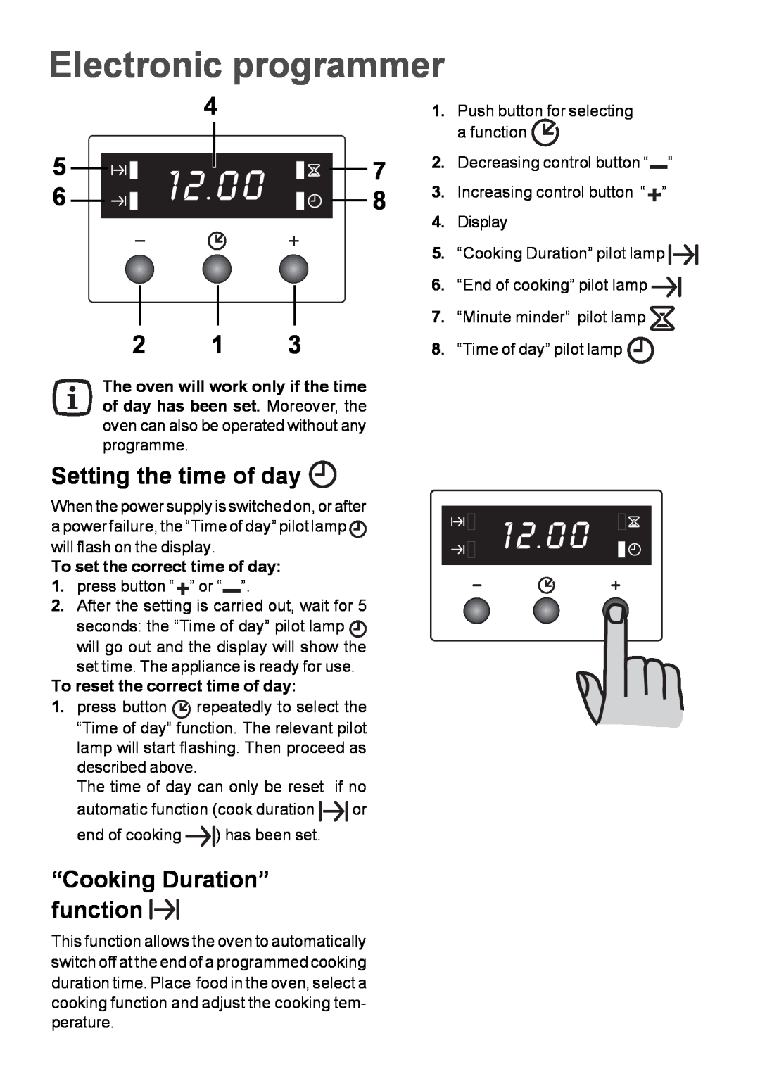 Moffat MSF 615 Electronic programmer, Setting the time of day, “Cooking Duration” function, To set the correct time of day 