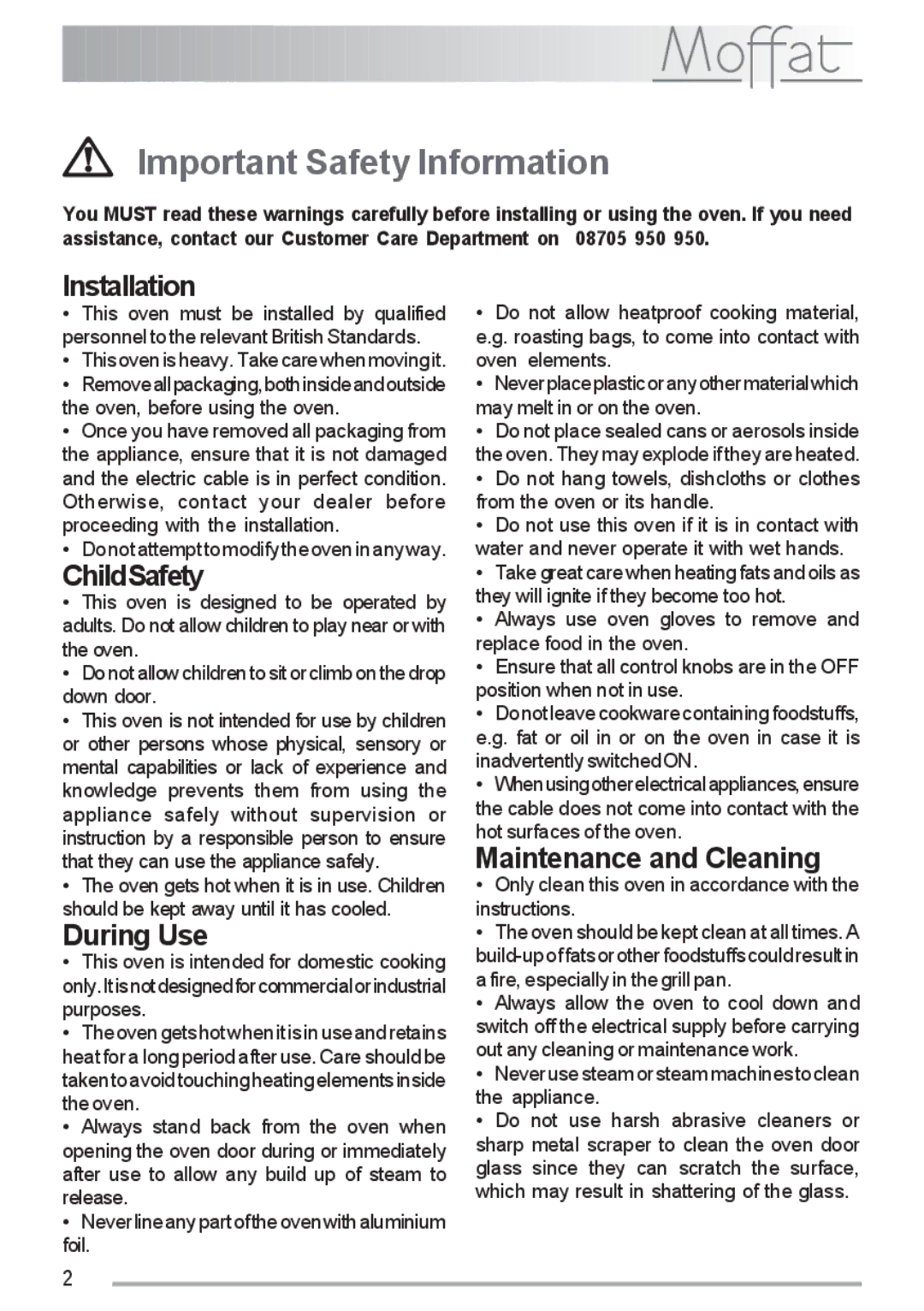 Moffat MSF 616 manual Important Safety Information, Installation, ChildSafety, During Use, Maintenance and Cleaning 