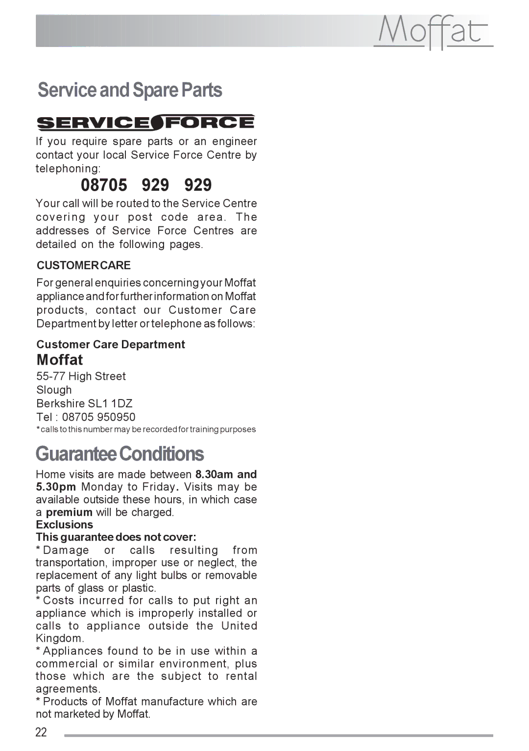 Moffat MSF 616 manual Service and Spare Parts, GuaranteeConditions, Customer Care Department 